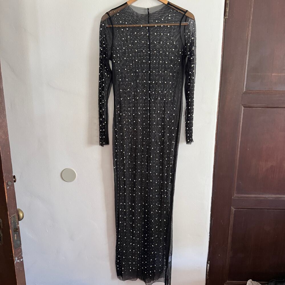 Black long sleeve sheer mesh maxi dress All over Pearl Bead Embellishment Large